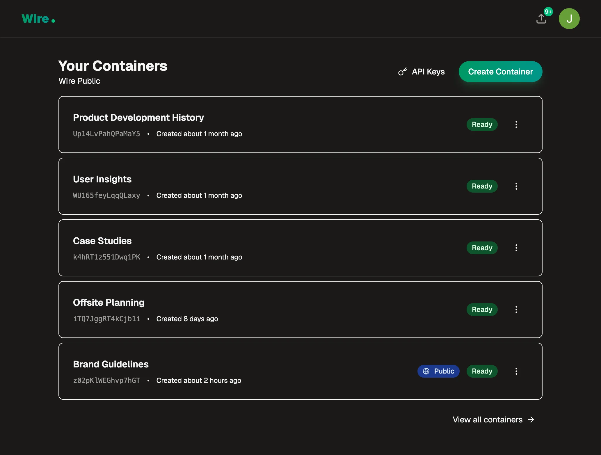 Wire dashboard showing context containers